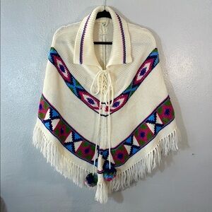 Vintage Knit Fringe Poncho Shawl Tie Front Pom Pom Tassels Bohemian 1995 Retro